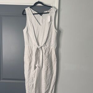 LOFT White and Gray Striped Midi Jumpsuit